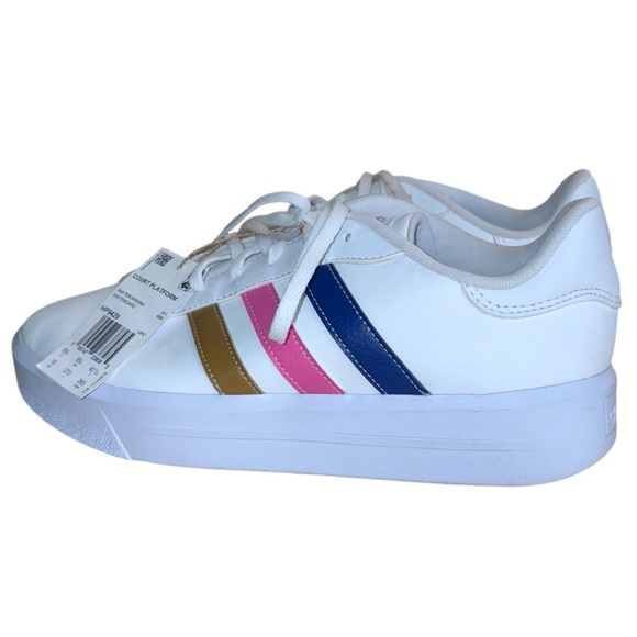 Adidas Women's White Sneakers with Pink, Blue, and Gold Stripes - Picture 13 of 16